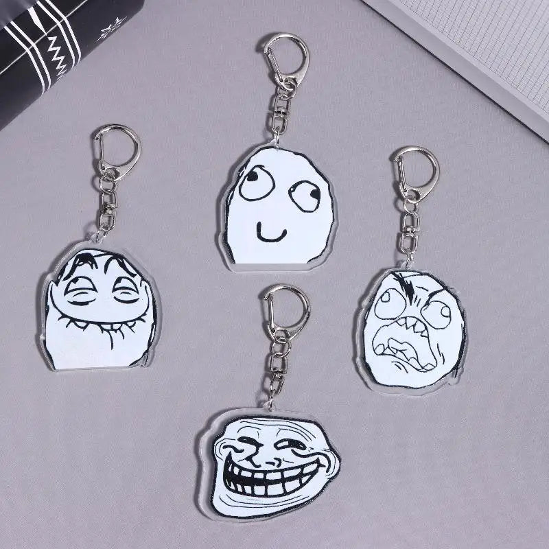 4Pcs Funny TrollFace Acrylic Keychain For Bag Haning Accessories Key Ring Pendant Jewelry Friends Gifts