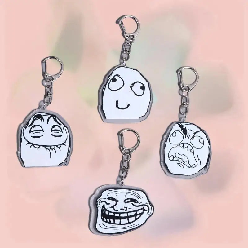 4Pcs Funny TrollFace Acrylic Keychain For Bag Haning Accessories Key Ring Pendant Jewelry Friends Gifts