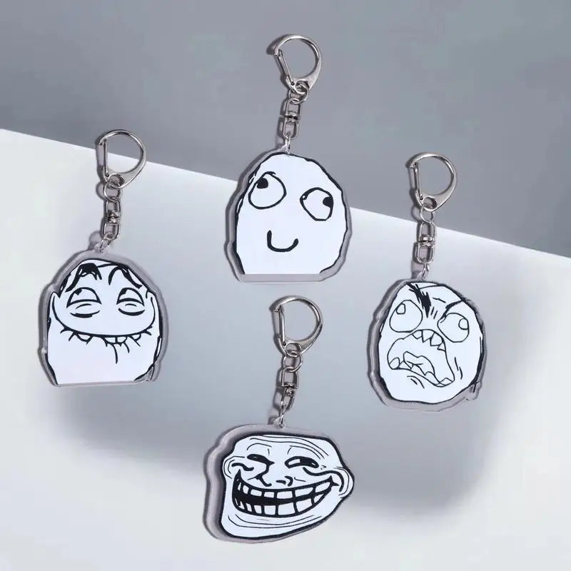 4Pcs Funny TrollFace Acrylic Keychain For Bag Haning Accessories Key Ring Pendant Jewelry Friends Gifts