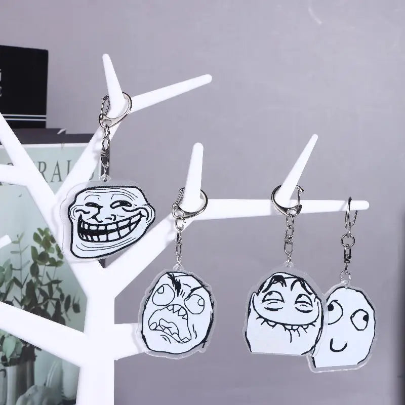 4Pcs Funny TrollFace Acrylic Keychain For Bag Haning Accessories Key Ring Pendant Jewelry Friends Gifts